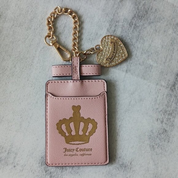 Juicy Couture Pink and Gold Keychain & Card Case Bag Heart Rhinestones Charm